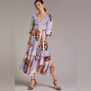 Anthropologie - Hutch - Bloom Wrap Midi Dress Pastel‎ Browns Pattern -Open Back